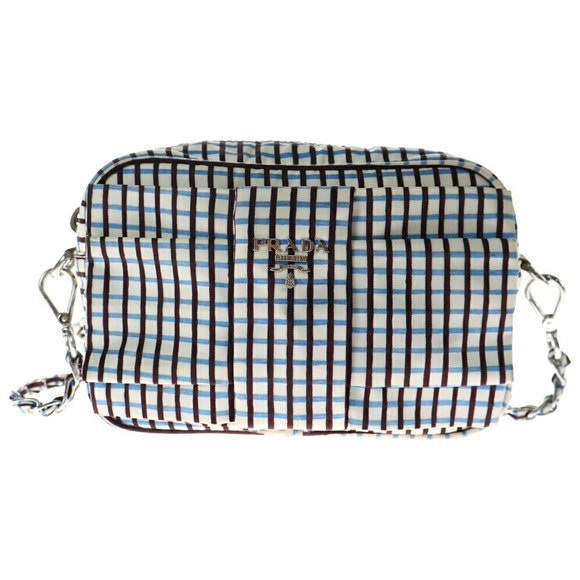 Prada Brown Bag Nylon Blue Shoulder White Chain - Picture 1 of 5